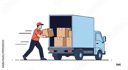Delivery worker loading cardboard boxes into a small delivery truck.  He's actively engaged in the transportation process.