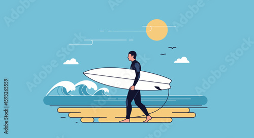 Minimalist Illustration Of A Surfer Walking On The Beach On A Sunny Day