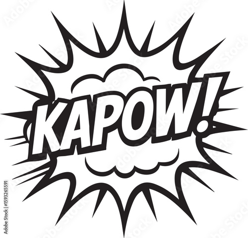 Kapow comic book sound effect in pop art style. Black and white vector illustration of an explosion speech bubble for a retro cartoon.