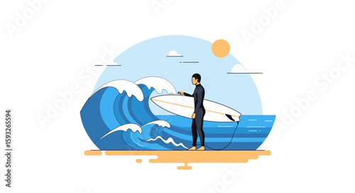 Minimalist Surfer Contemplating Wave On Beach For Extreme Sports Lifestyle Illustration