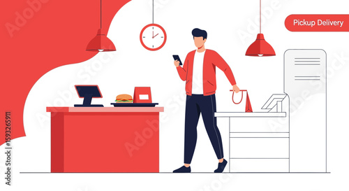 Mobile Order Pickup Service With Fast Food And Customer Vector Illustration