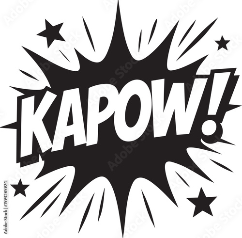 Monochrome vector illustration of a comic book explosion with the onomatopoeia word Kapow. Retro pop art style action bubble.