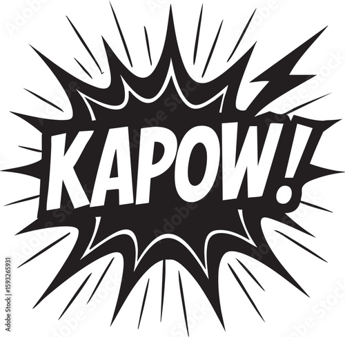 Kapow comic book sound effect. Black and white pop art style explosion burst with onomatopoeia text for action or surprise.
