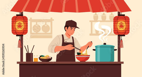 Preparing Authentic Asian Noodles In A Traditional Street Food Stall