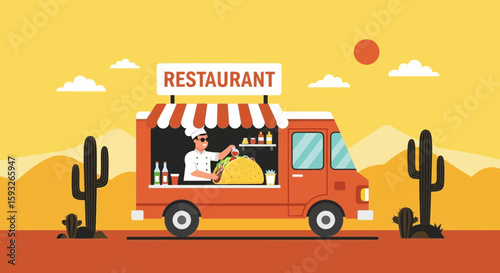 Mobile Restaurant Serves Delicious Food In Desert Landscape Illustration