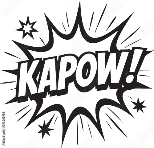 Kapow! onomatopoeia in a comic book style explosion. Retro pop art speech bubble illustration in black and white.
