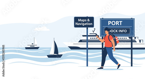 Traveler Using Phone at Port Destination with Boats and Ferries Illustration