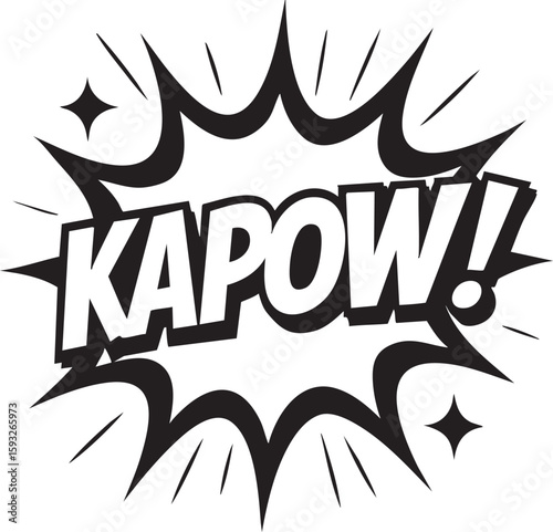 Kapow comic book sound effect in a pop art speech bubble. Black and white vector illustration of a cartoon explosion for graphic design.