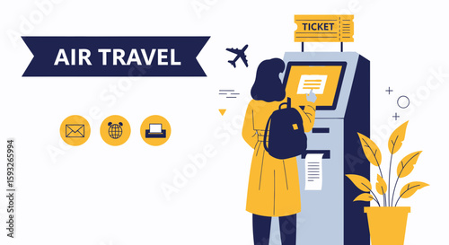 Modern Air Travel Illustration With Female Traveler Using Automated Kiosk