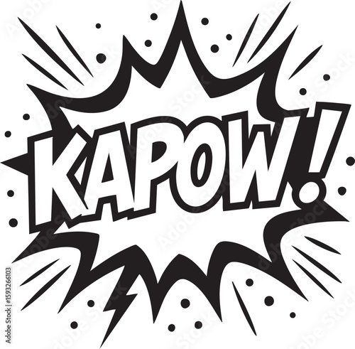 Kapow comic book style explosion sound effect. Black and white pop art vector illustration for a powerful impact.
