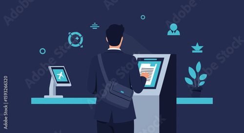 Modern Check In Kiosk At Airport Terminal With Person Using Touchscreen
