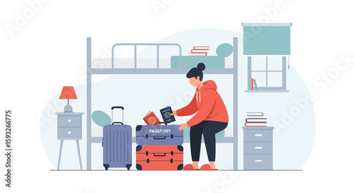 Preparing For International Travel In Dorm Room With Luggage And Passports