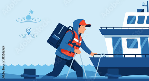 Seafarer Ascending Boat Wearing Life Vest With Island Paradise In The Distance