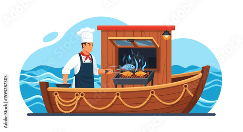 Seafood Grill On A Fishing Boat By A Chef Cooking Tasty Meals
