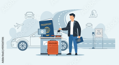 Modern Illustration Of A Man Traveling With A Passport And Suitcase