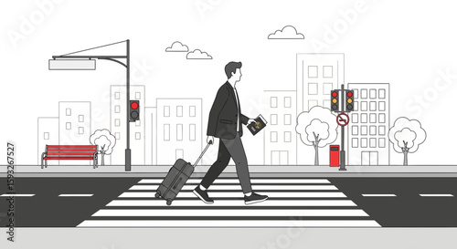 Traveling Businessman Crossing Cityscape Illustration With Luggage And Passport