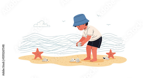 Seashore Adventures Boy Discovering Treasures Along The Shoreline In Summer Season