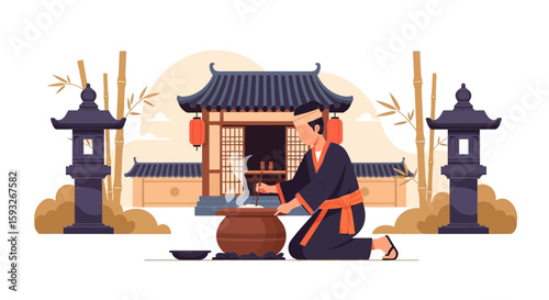 Preparing Traditional Asian Cuisine Near An Oriental Building And Decorative Stone Lanterns
