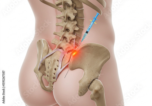 Illustration of a lumbar spine injection procedure with needle and anatomical bone structure shown created with generated ai