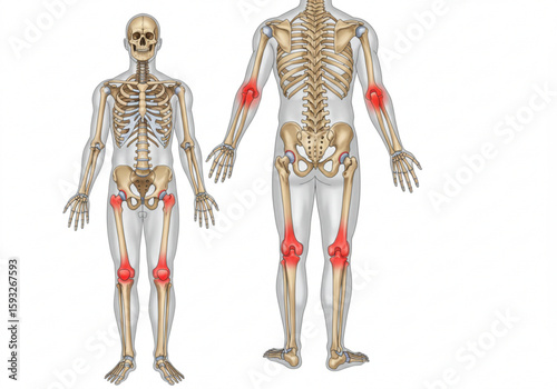 Illustration of the human skeleton with highlighted joints indicating potential pain areas shown front back created with generated ai