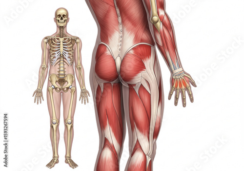 Anatomical illustration showing the skeletal and muscular systems of the human body in detail view created with generated ai