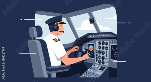 Professional Airplane Pilot Flying Plane In Cockpit Aviation Transportation Concept