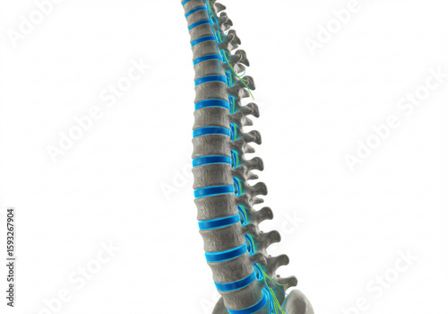 Anatomical spine model showcasing vertebrae discs and nerve bundles on a white background view from the side created with generated ai
