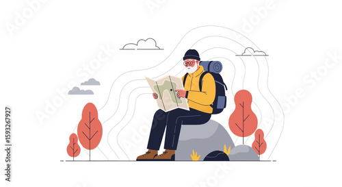 Senior Hiker Consulting Map While Sitting On Rock Discovering New Adventure Trails