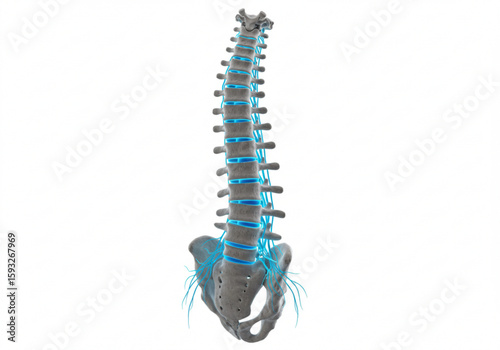 Anatomical illustration of the human spine, showing vertebrae, discs, and nerve connections in detail created with generated ai