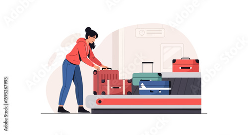 Woman Grabbing Suitcases On Conveyor Belt During Travel At Airport Terminal