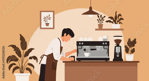 Professional Barista Preparing Coffee In Modern Cafe Setting With Plants