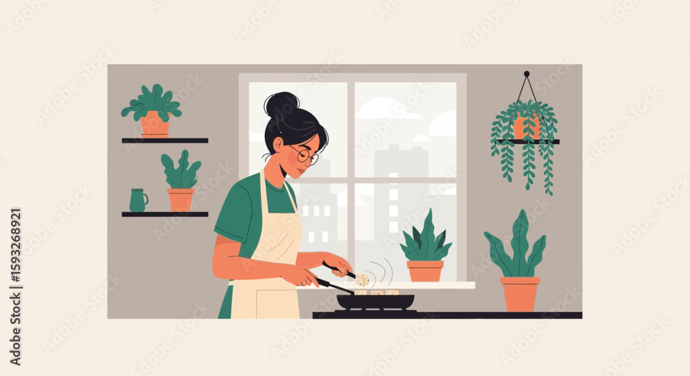 Fototapeta premium Modern Woman Cooking At Home With Potted Plants And View Of City Apartment