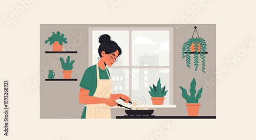 Modern Woman Cooking At Home With Potted Plants And View Of City Apartment