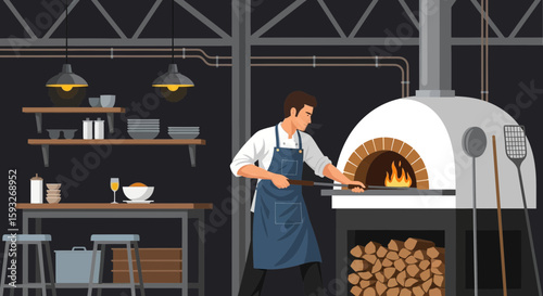 Professional Chef Cooking In Traditional Oven In Italian Restaurant Kitchen