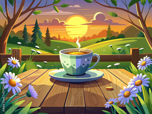 vector of A cup of chamomile tea is placed on a wooden table in a blooming garden at sunset...