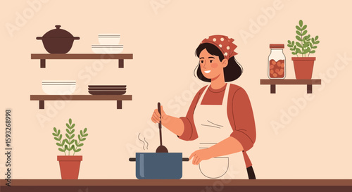 Woman In Apron Cooking At Home In The Kitchen Minimalist Vector Illustration