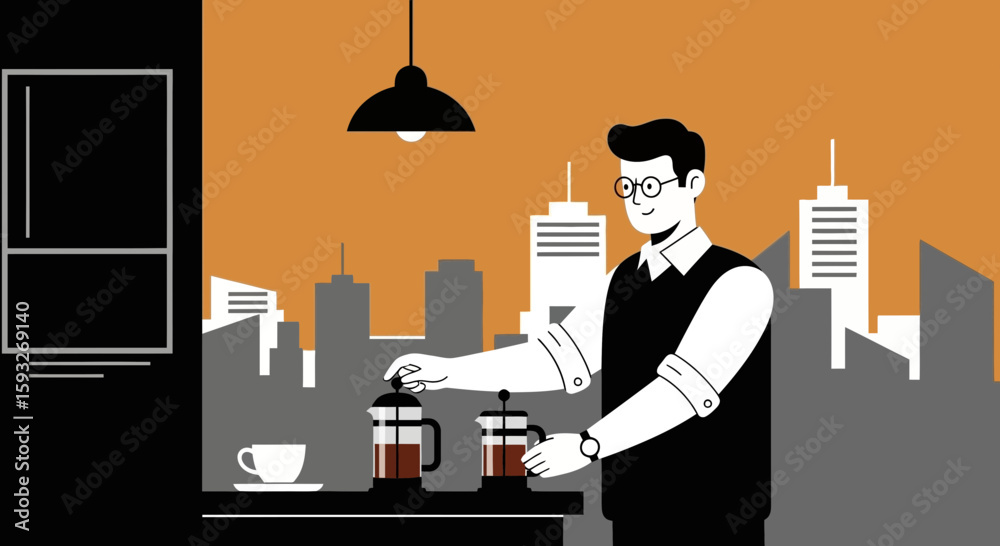 Morning Ritual Man Preparing Coffee At Home With A City View Silhouette