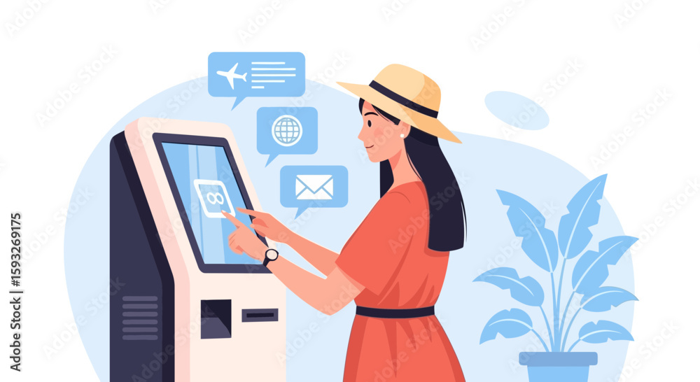 Fototapeta premium Woman Interacting With Interactive Information Kiosk For Travel Ticketing