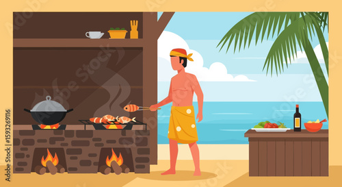 Tropical Barbecue Feast Man Grilling Fish Seafood Culinary Beachfront Gathering
