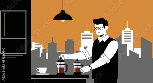 Morning Ritual Man Preparing Coffee At Home With A City View Silhouette