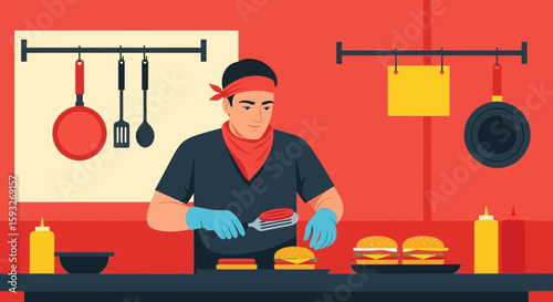 Professional Chef Preparing Delicious Burgers In An Industrial Kitchen Scene