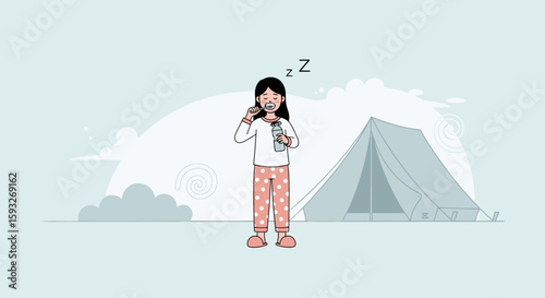 Morning Routine At Campground With Girl Brushing Teeth And Holding Water Bottle