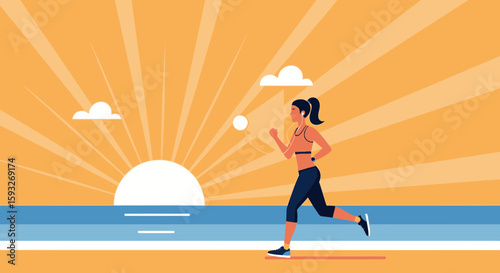 Woman Jogging At Sunrise Silhouette Vector Illustration With Sea View