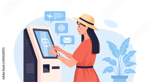 Woman Interacting With Interactive Information Kiosk For Travel Ticketing