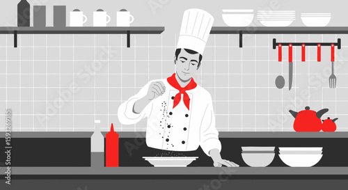 Professional Chef Preparing Delicious Food In Restaurant Kitchen Workplace