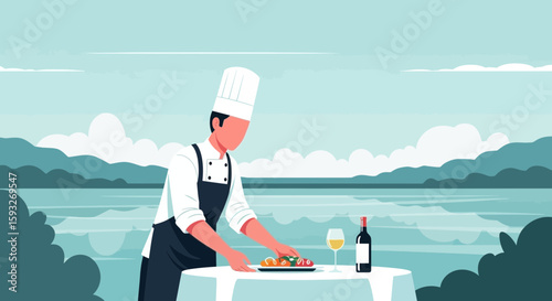 Professional Chef Preparing Gourmet Cuisine By The Lake For Outdoor Fine Dining