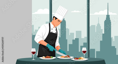 Professional Chef Preparing Gourmet Dishes With a City Skyline Backdrop Artwork