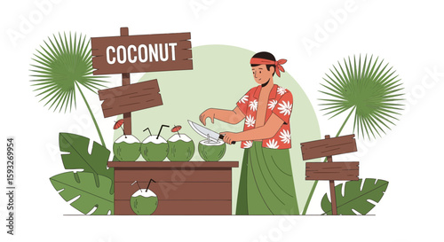 Tropical Coconut Vendor Cutting Fruit At Exotic Market Illustration