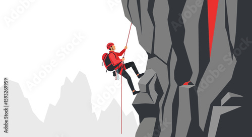 Mountain Climber Ascending a Cliff Face with Safety Gear on a Sunny Day