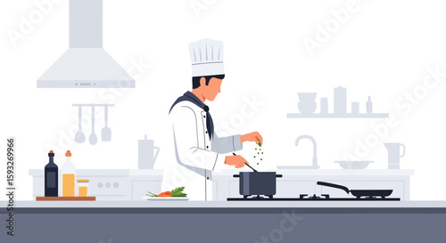 Professional Chef Preparing Meal in Kitchen Environment, Modern Culinary Preparation